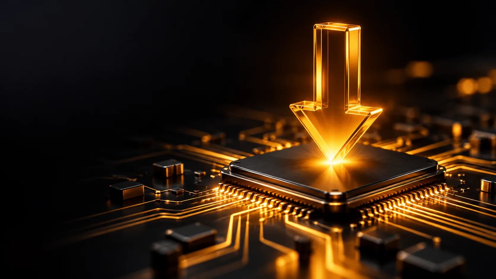 A download arrow landing on a glowing processor chip