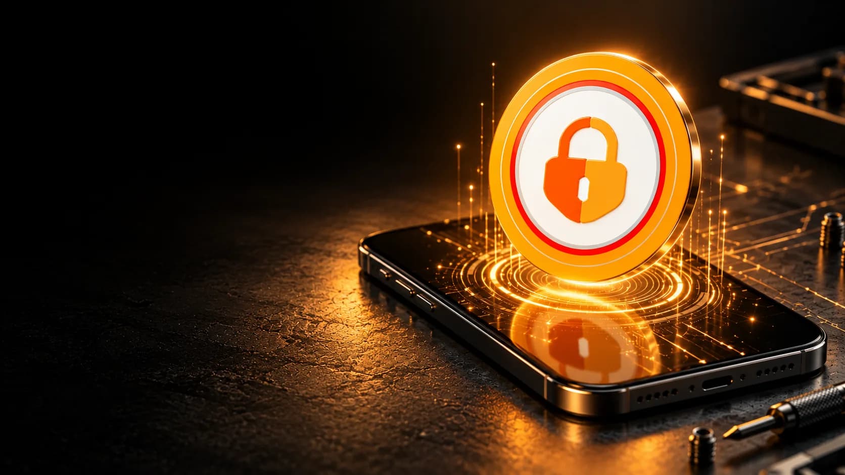 The UnlockTool emblem glowing above a smartphone on a technician's bench